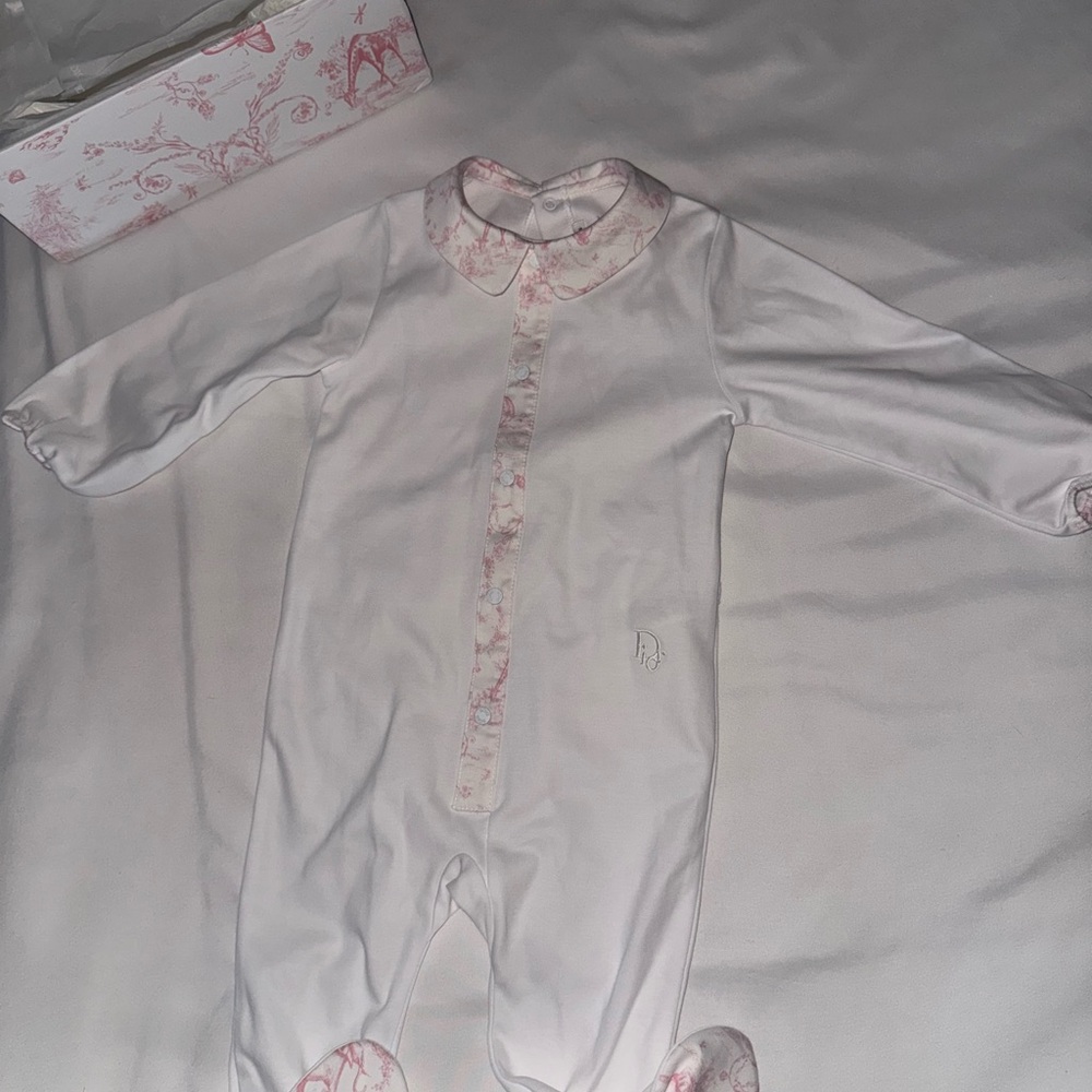 Dior White and Pink Baby Onesie, Bib, Hat, with box